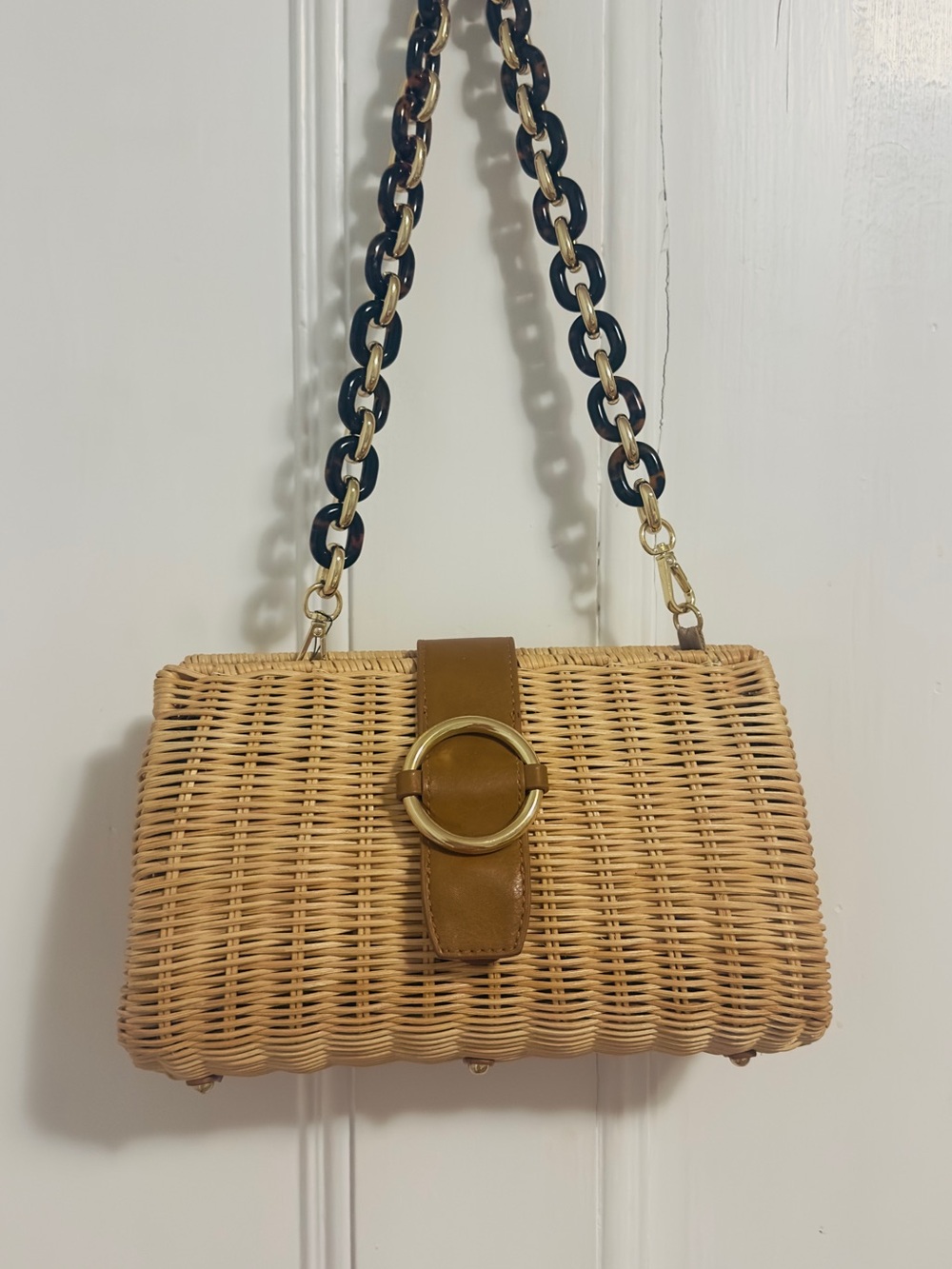 Talbots Woven Rattan Crossbody Bag with Tan Leather and Gold Ring